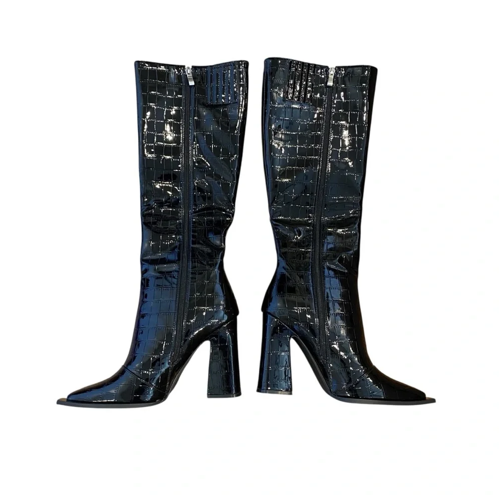 Princess Polly Mercury Knee High Boots Croc Print Black